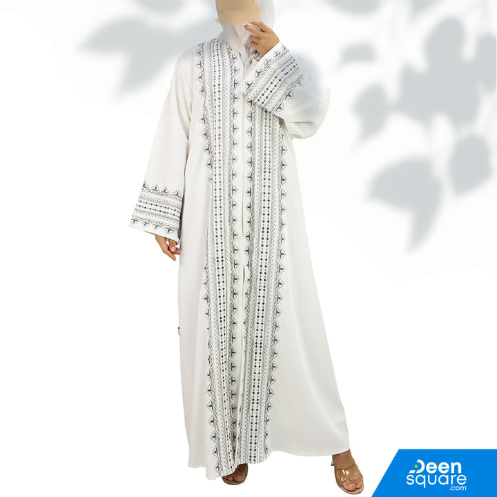 Elegant Handwork Embroidered Abaya With Beads - White