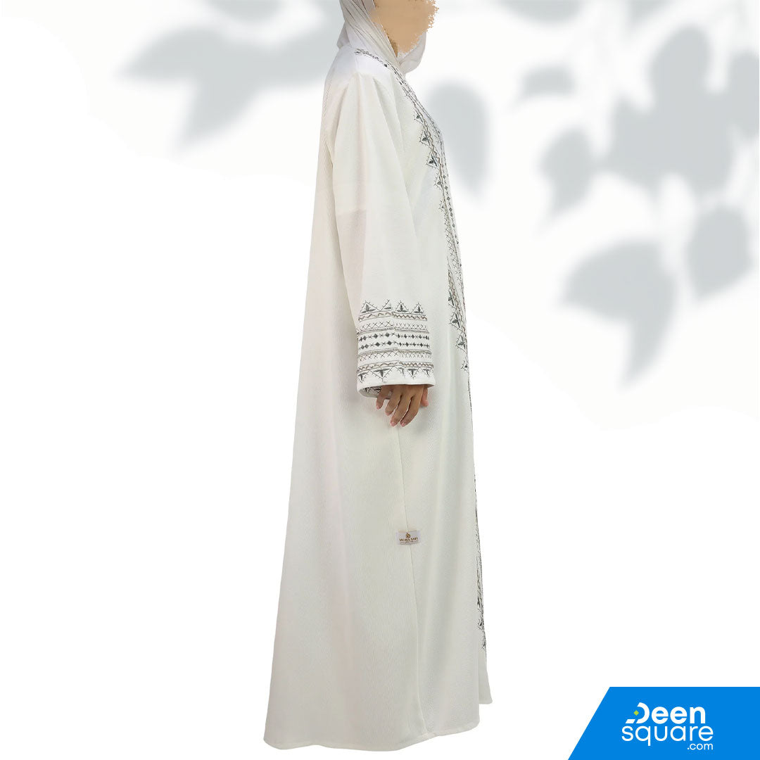 Elegant Handwork Embroidered Abaya With Beads - White