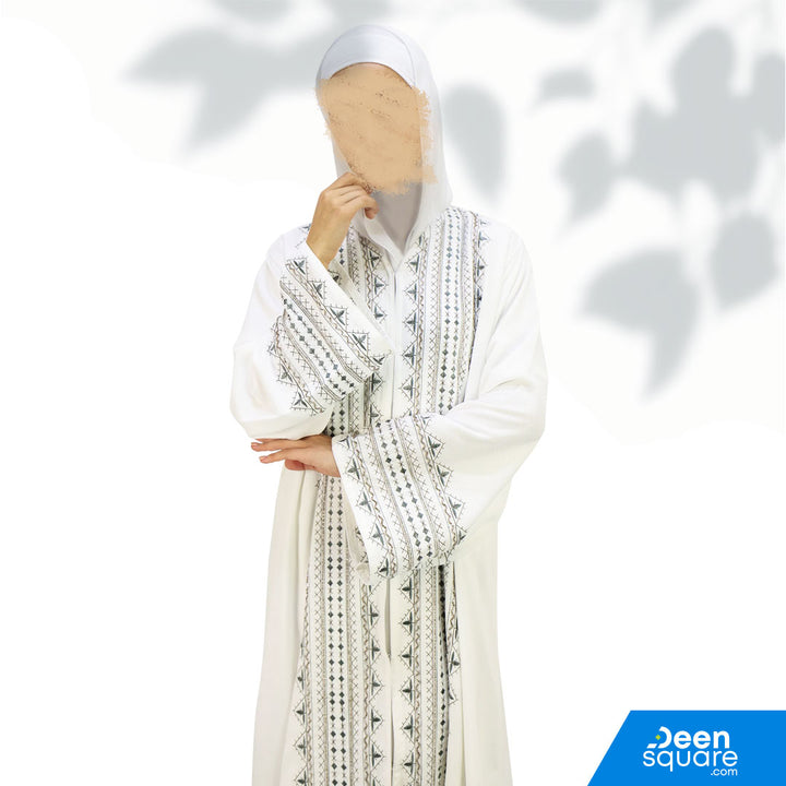 Elegant Handwork Embroidered Abaya With Beads - White