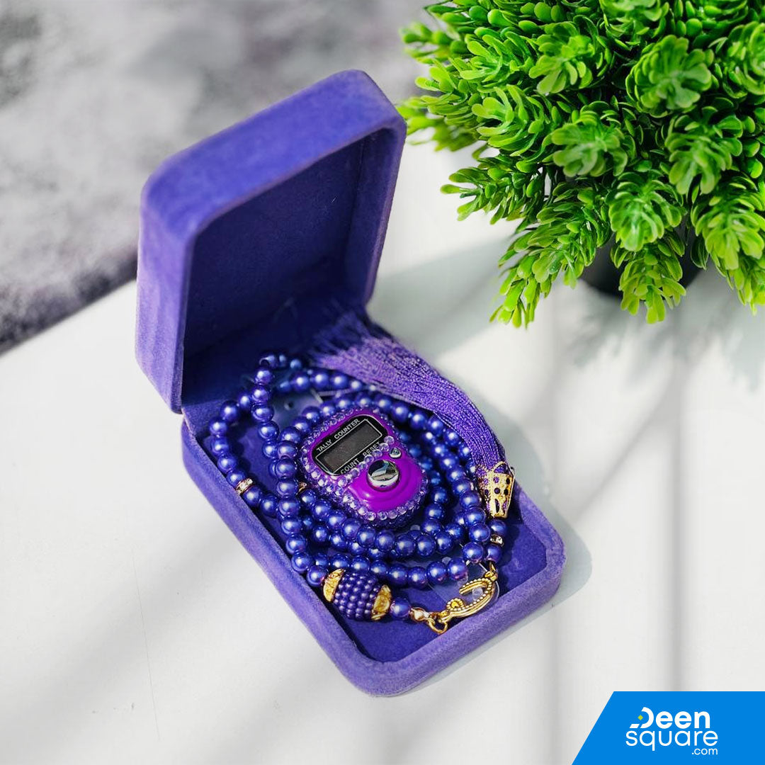 Tasbeeh Counter Gift Set | 99 Beads Pearl Glass Tasbih with Digital Finger Tally & Velvet Box – Name Customizable