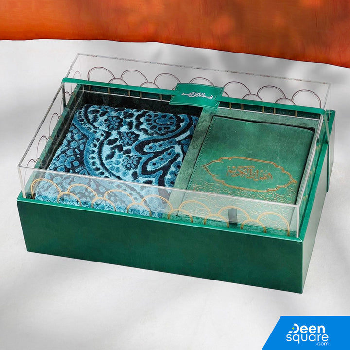 Premium Quran And Prayer Mat Gift Set with Leather Gift Box (مجموعة هدايا قرآن وسجادة الصلاة الفاخرة مع صندوق هدايا من جلد)