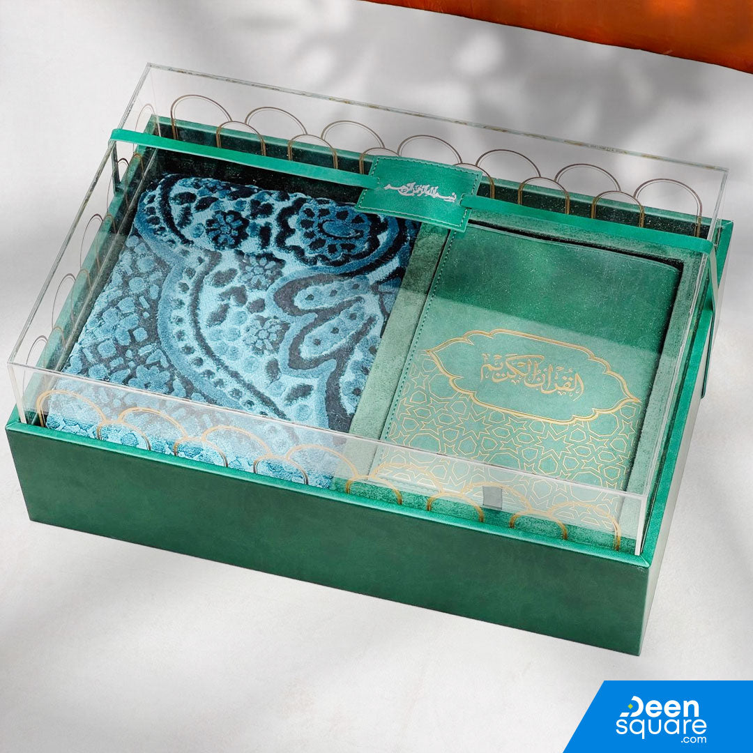 Premium Quran And Prayer Mat Gift Set with Leather Gift Box (مجموعة هدايا قرآن وسجادة الصلاة الفاخرة مع صندوق هدايا من جلد)