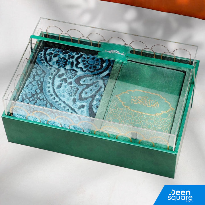 Premium Quran And Prayer Mat Gift Set with Leather Gift Box (مجموعة هدايا قرآن وسجادة الصلاة الفاخرة مع صندوق هدايا من جلد)