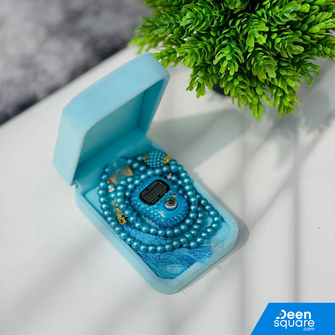 Tasbeeh Counter Gift Set | 99 Beads Pearl Glass Tasbih with Digital Finger Tally & Velvet Box – Name Customizable
