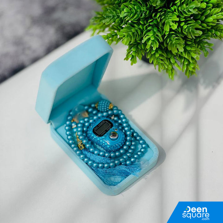Tasbeeh Counter Gift Set | 99 Beads Pearl Glass Tasbih with Digital Finger Tally & Velvet Box – Name Customizable