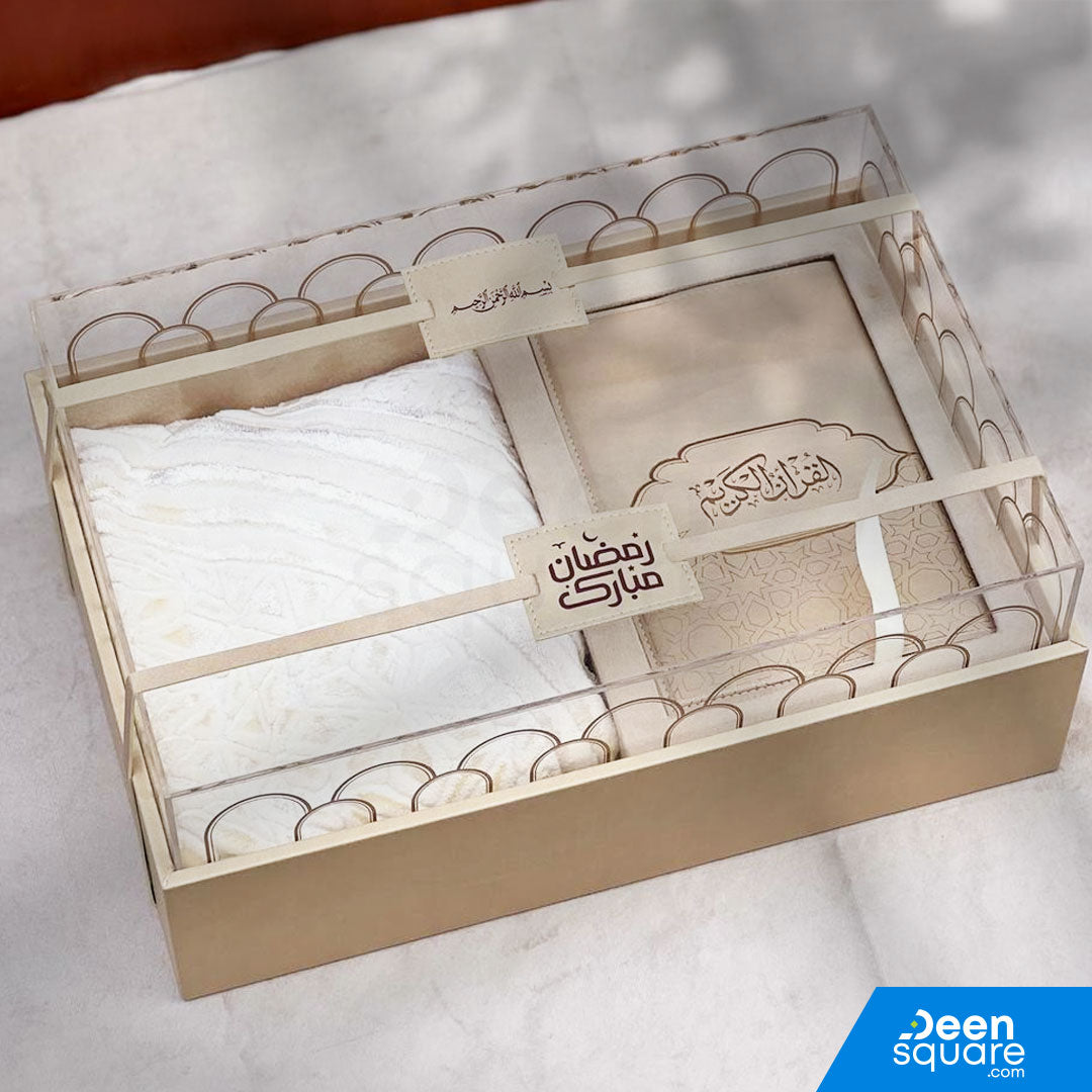 Premium Quran And Prayer Mat Gift Set with Leather Gift Box (مجموعة هدايا قرآن وسجادة الصلاة الفاخرة مع صندوق هدايا من جلد)