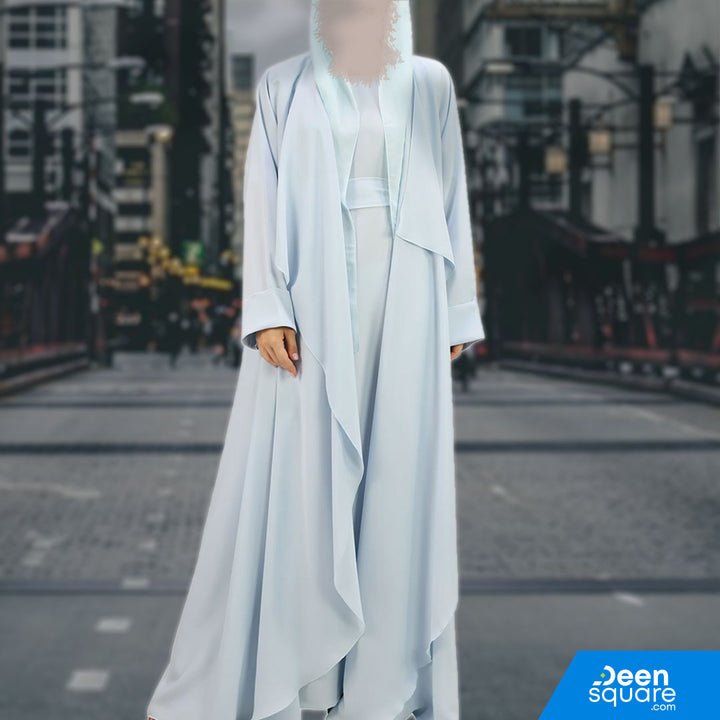 Premium Korean Nida Kimono Front Open With Inner Abaya - Sky Blue