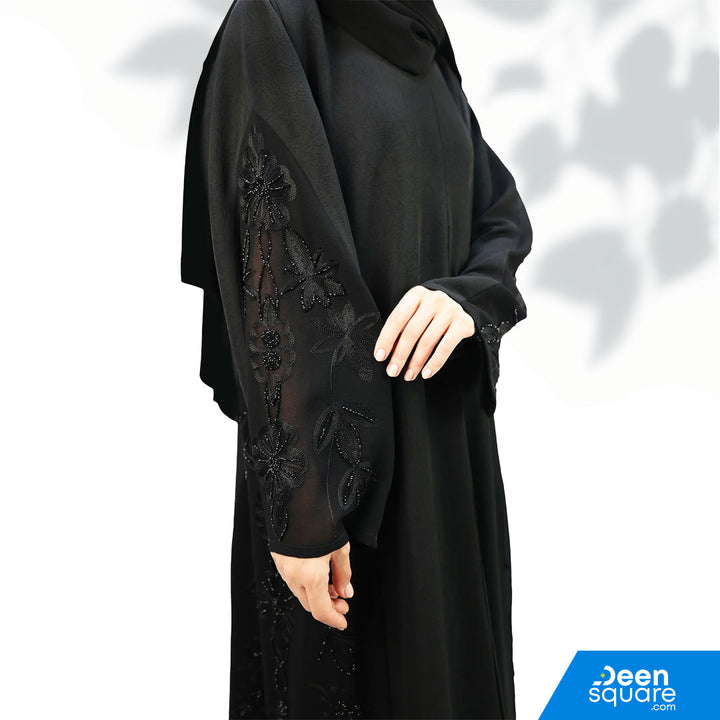 Elegant Georgette Embroidered With Beads Abaya - Black