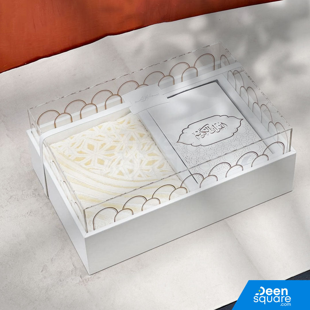 Premium Quran And Prayer Mat Gift Set with Leather Gift Box (مجموعة هدايا قرآن وسجادة الصلاة الفاخرة مع صندوق هدايا من جلد)