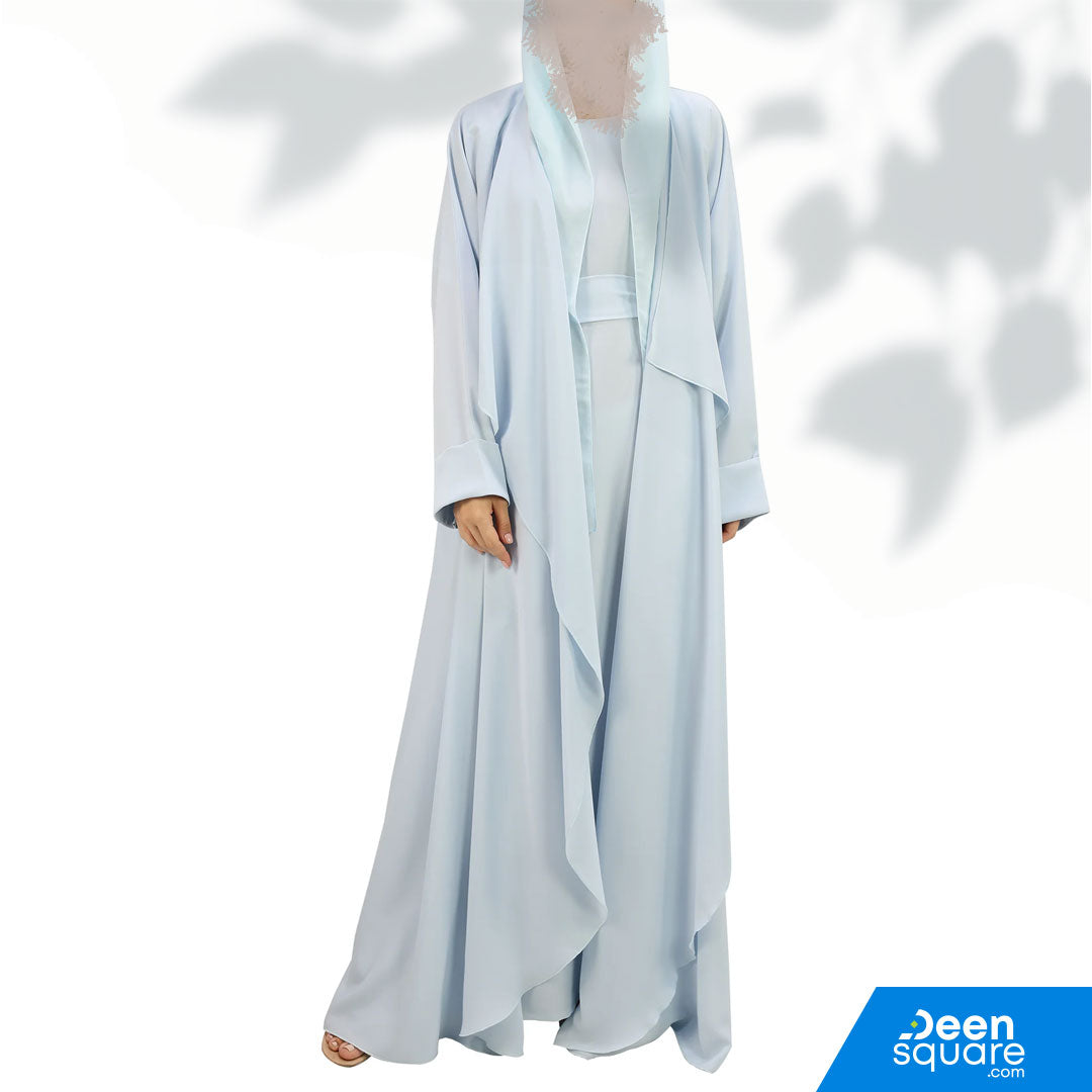 Premium Korean Nida Kimono Front Open With Inner Abaya - Sky Blue