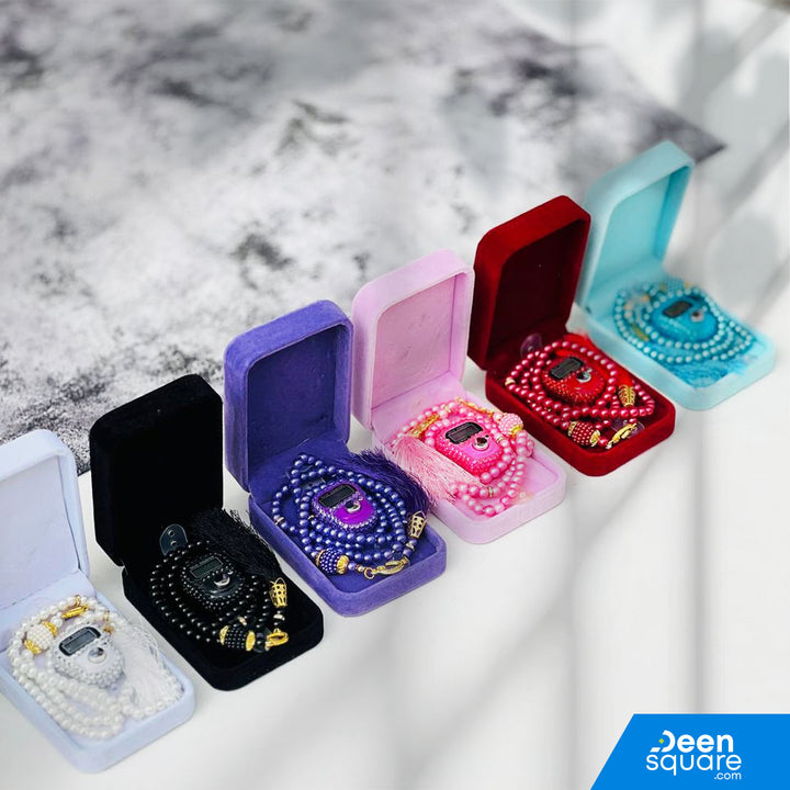 Tasbeeh Counter Gift Set | 99 Beads Pearl Glass Tasbih with Digital Finger Tally & Velvet Box – Name Customizable