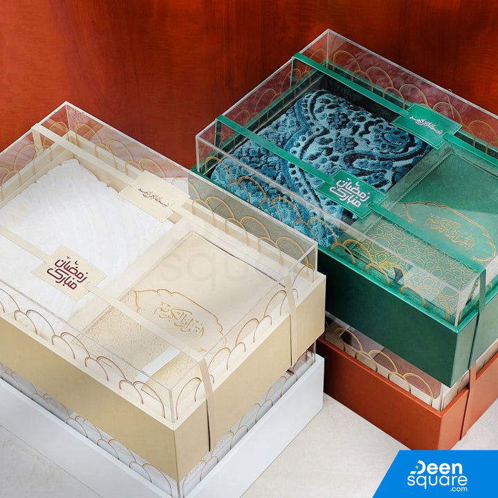 Premium Quran And Prayer Mat Gift Set with Leather Gift Box (مجموعة هدايا قرآن وسجادة الصلاة الفاخرة مع صندوق هدايا من جلد)