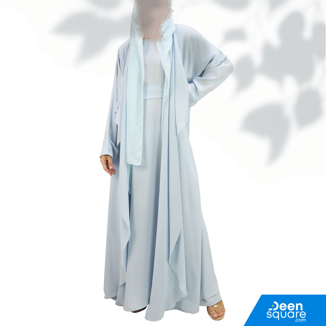 Premium Korean Nida Kimono Front Open With Inner Abaya - Sky Blue