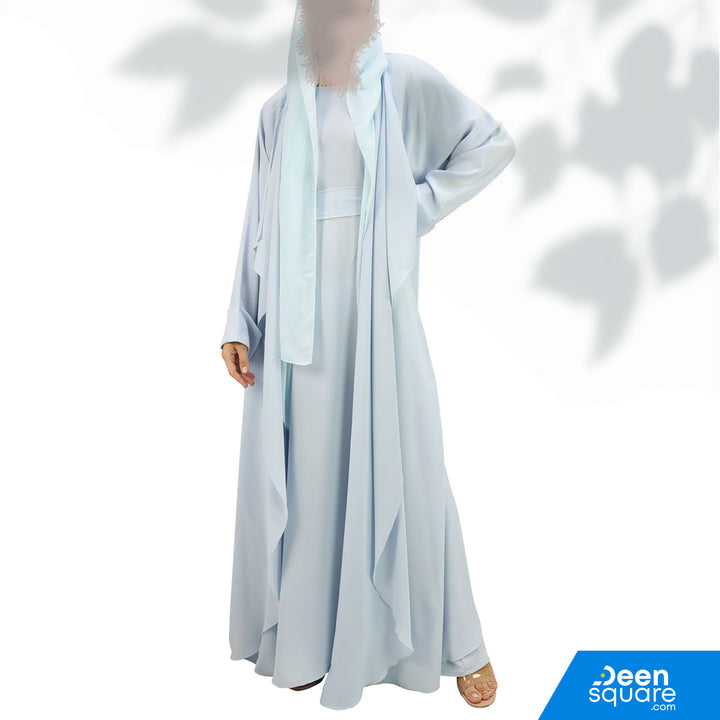 Premium Korean Nida Kimono Front Open With Inner Abaya - Sky Blue