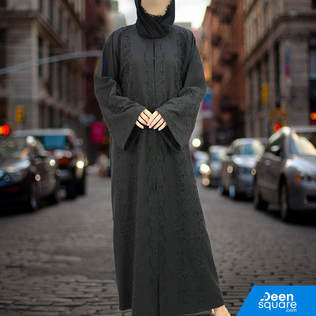 Elegant Embroidered Handwork With Beads Abaya - Black