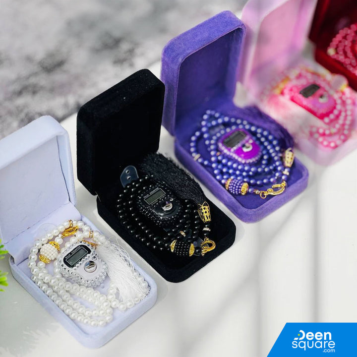 Tasbeeh Counter Gift Set | 99 Beads Pearl Glass Tasbih with Digital Finger Tally & Velvet Box – Name Customizable