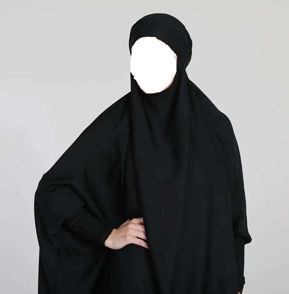 3 Piece Jilbab (Elasticated Sleeves) - Khimar with Skirt and Niqab - Black