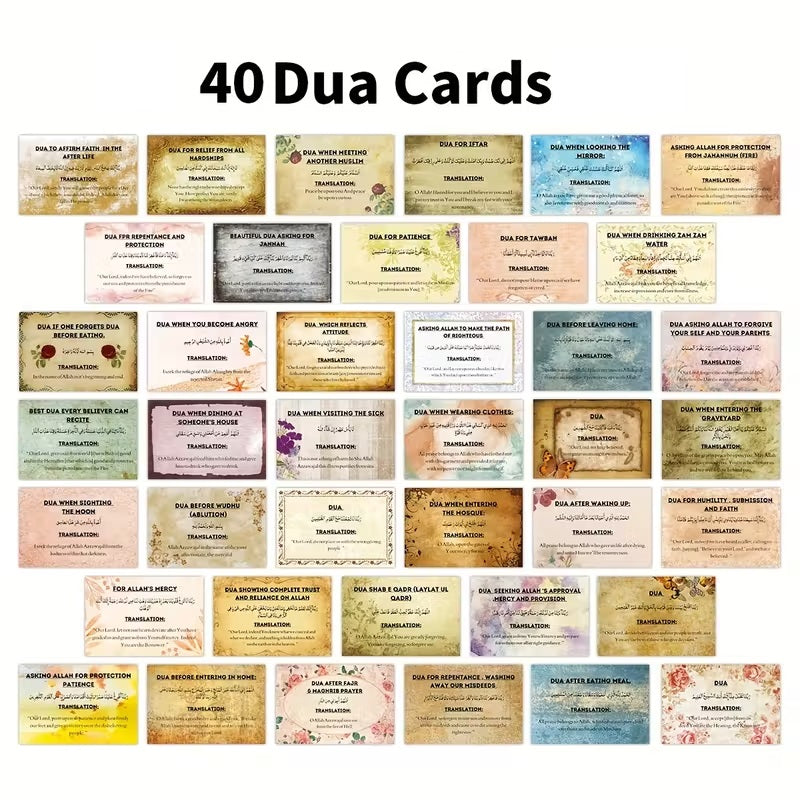 40 Dua Cards with various designs and text on a white background