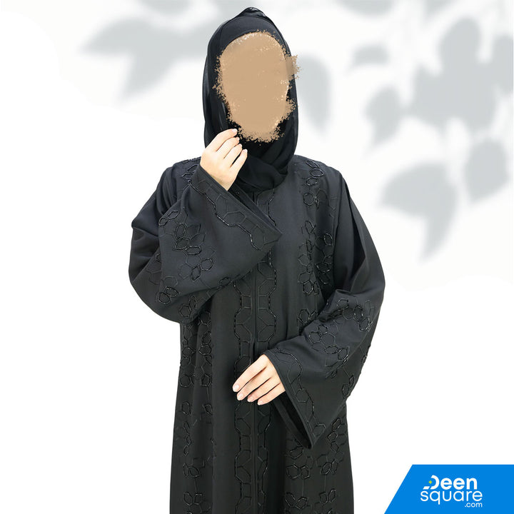 Elegant Embroidered Handwork With Beads Abaya - Black