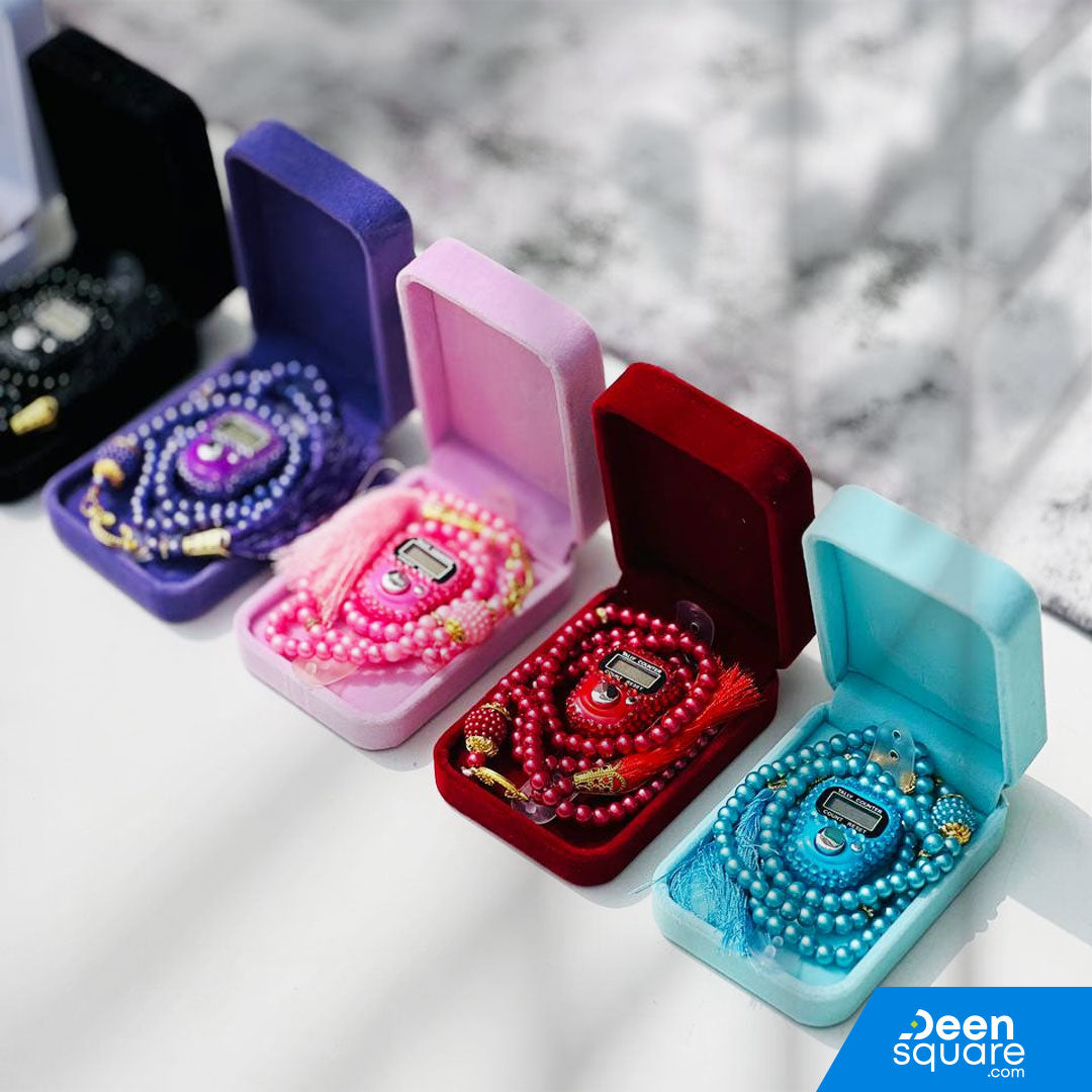 Tasbeeh Counter Gift Set | 99 Beads Pearl Glass Tasbih with Digital Finger Tally & Velvet Box – Name Customizable