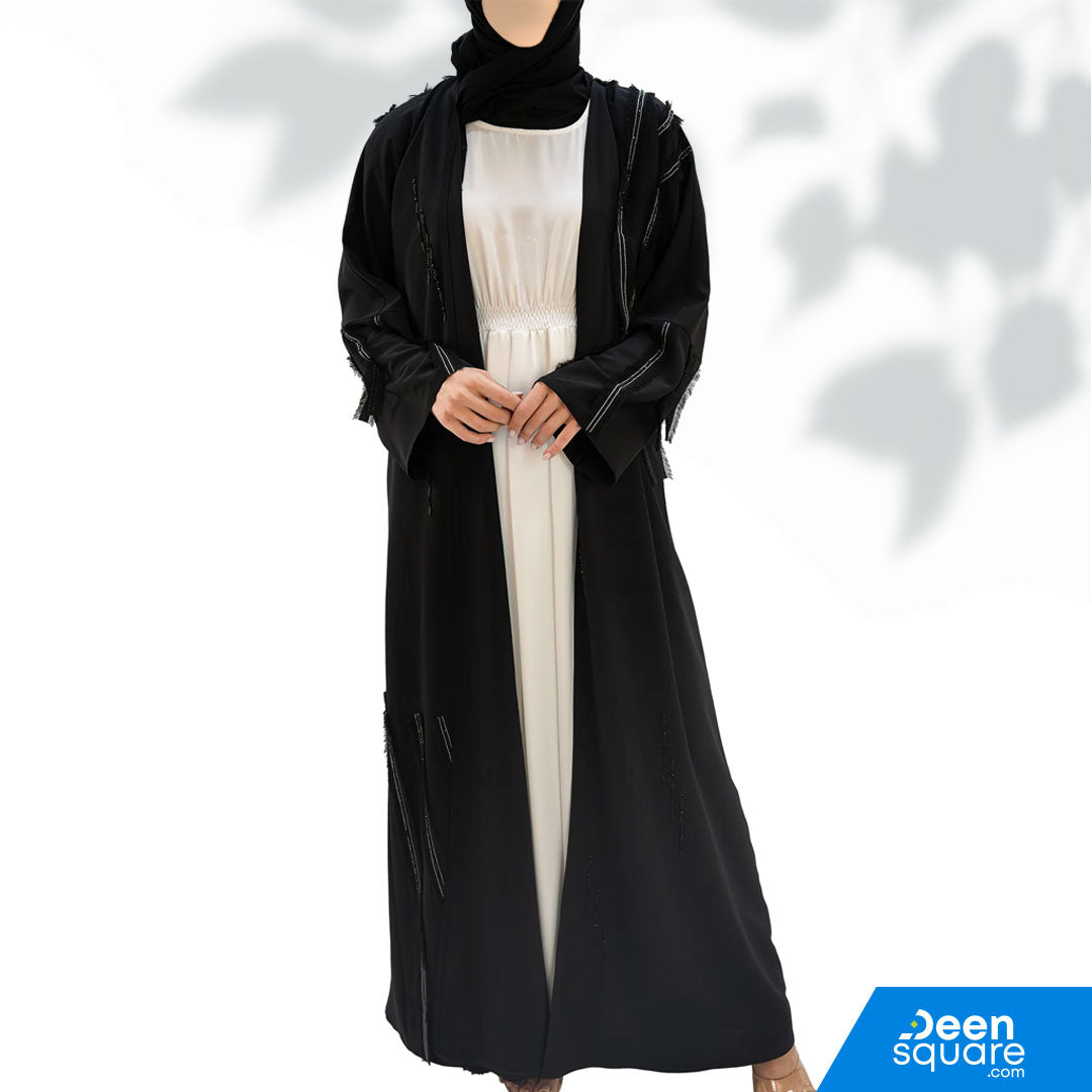 Premium Crepe With Fringes And Detailing Front Open Abaya - Black