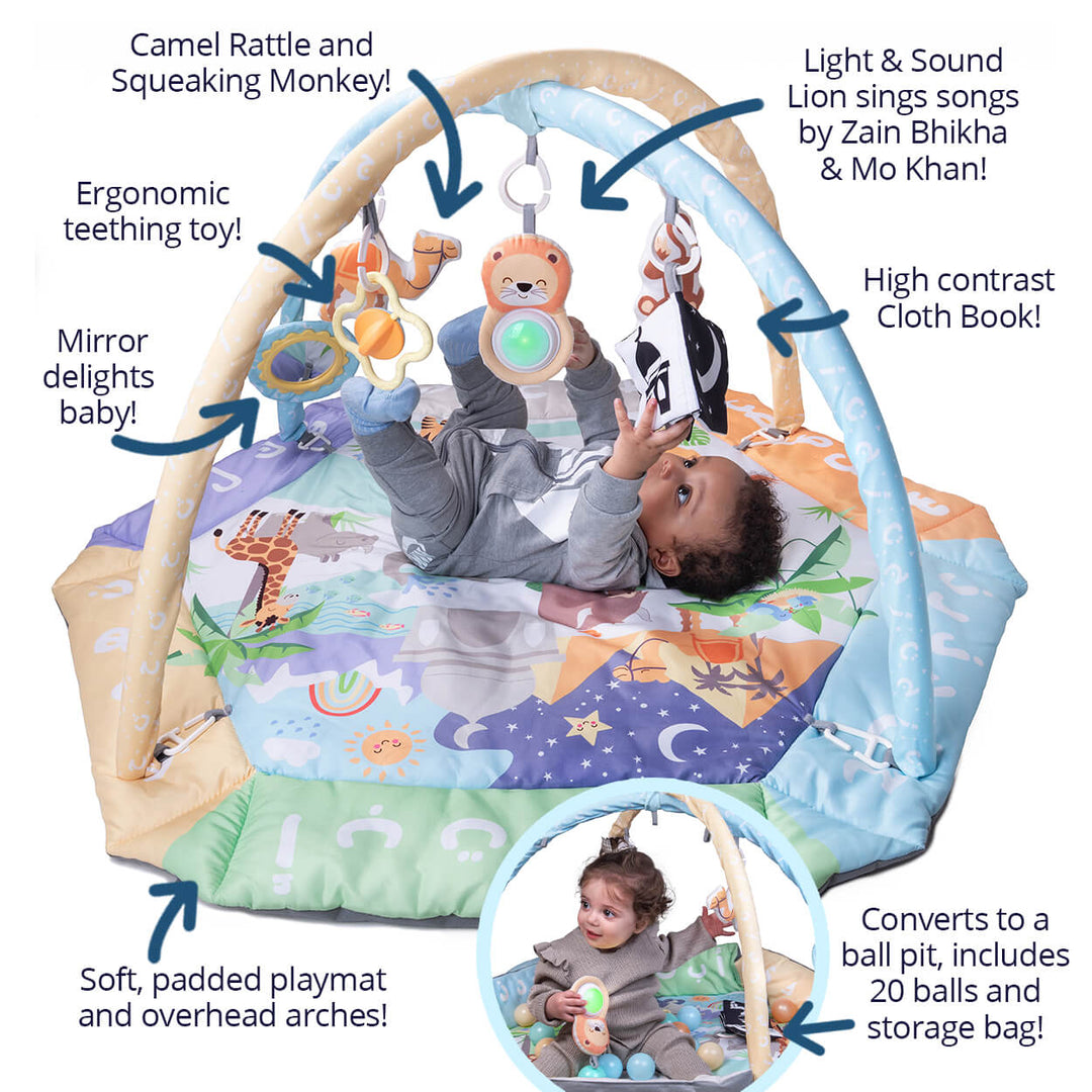 Arabic Alphabet 5-in-1 Activity Gym & Playmat for babies from Desi Doll