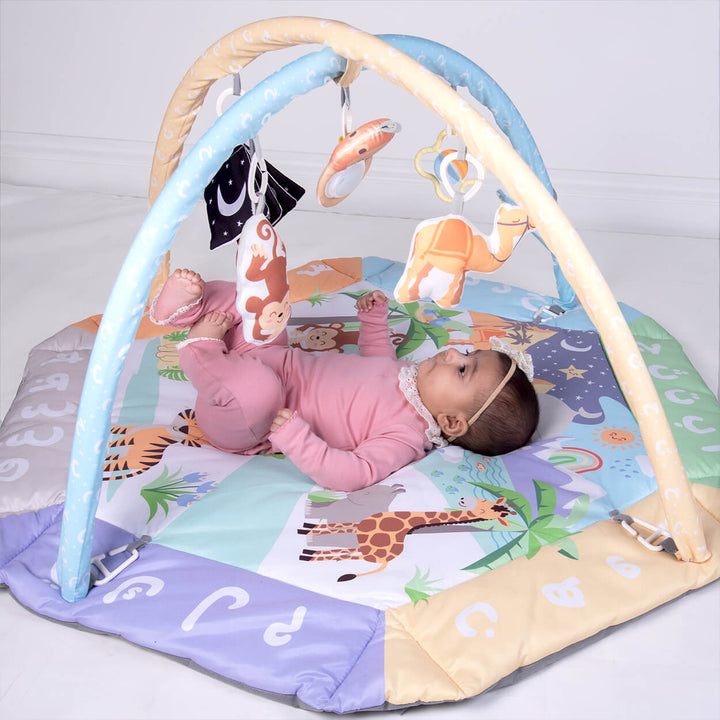 Arabic Sensory baby gym with hanging toys and soft playmat