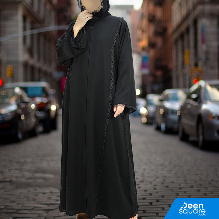 Classic Lace Work Abaya - Black