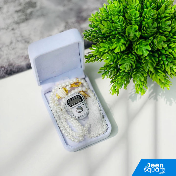 Tasbeeh Counter Gift Set | 99 Beads Pearl Glass Tasbih with Digital Finger Tally & Velvet Box – Name Customizable