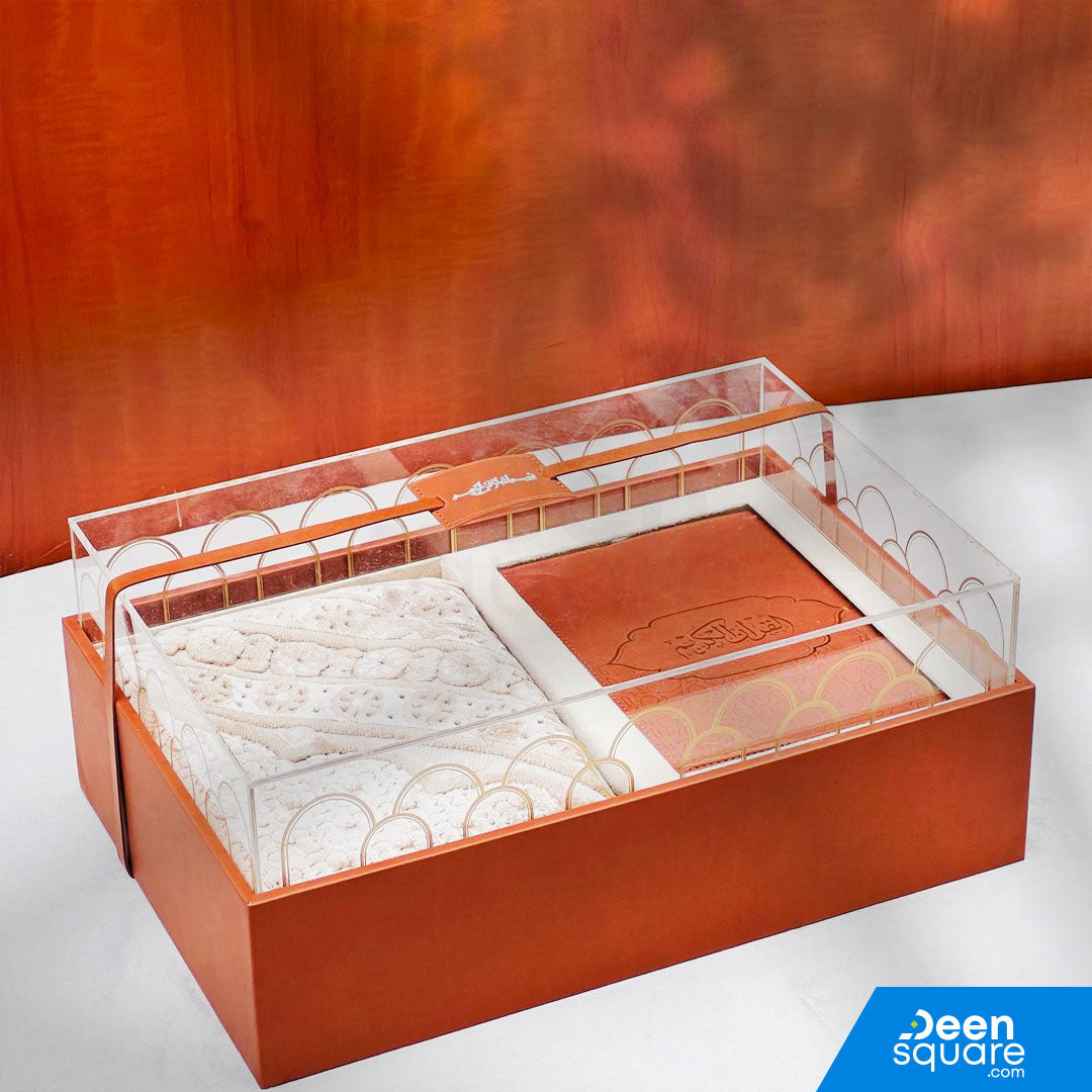 Premium Quran And Prayer Mat Gift Set with Leather Gift Box (مجموعة هدايا قرآن وسجادة الصلاة الفاخرة مع صندوق هدايا من جلد)