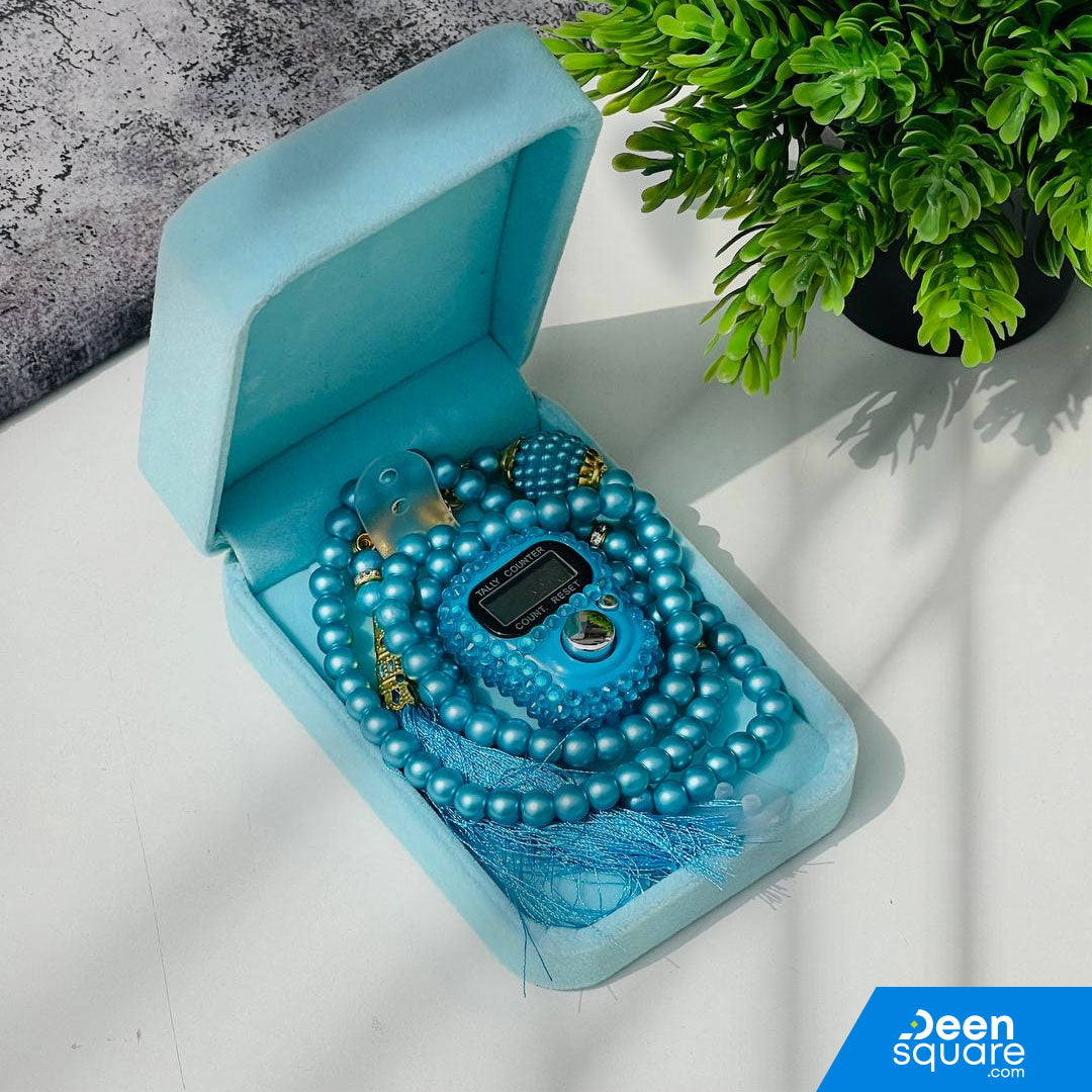 Tasbeeh Counter Gift Set | 99 Beads Pearl Glass Tasbih with Digital Finger Tally & Velvet Box – Name Customizable