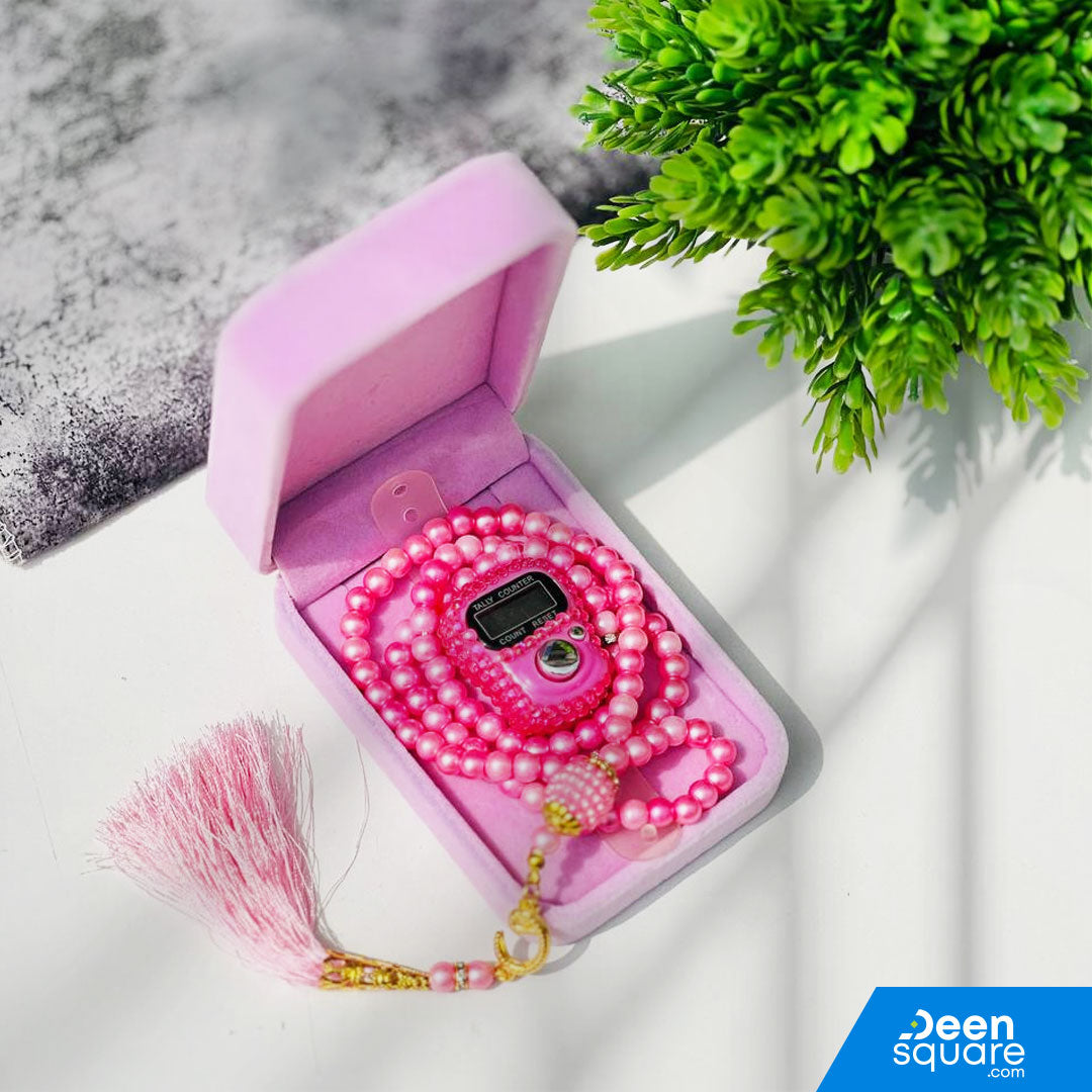 Tasbeeh Counter Gift Set | 99 Beads Pearl Glass Tasbih with Digital Finger Tally & Velvet Box – Name Customizable