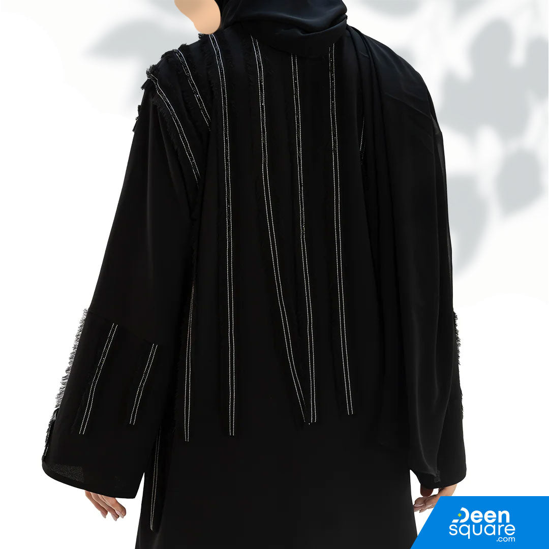 Premium Crepe With Fringes And Detailing Front Open Abaya - Black
