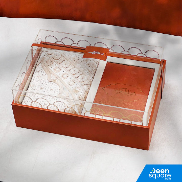 Premium Quran And Prayer Mat Gift Set with Leather Gift Box (مجموعة هدايا قرآن وسجادة الصلاة الفاخرة مع صندوق هدايا من جلد)