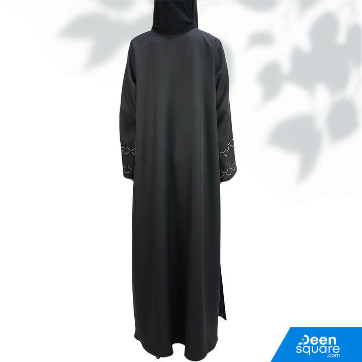 Elegant Embroidered Open Abaya With Beads Abaya - Black