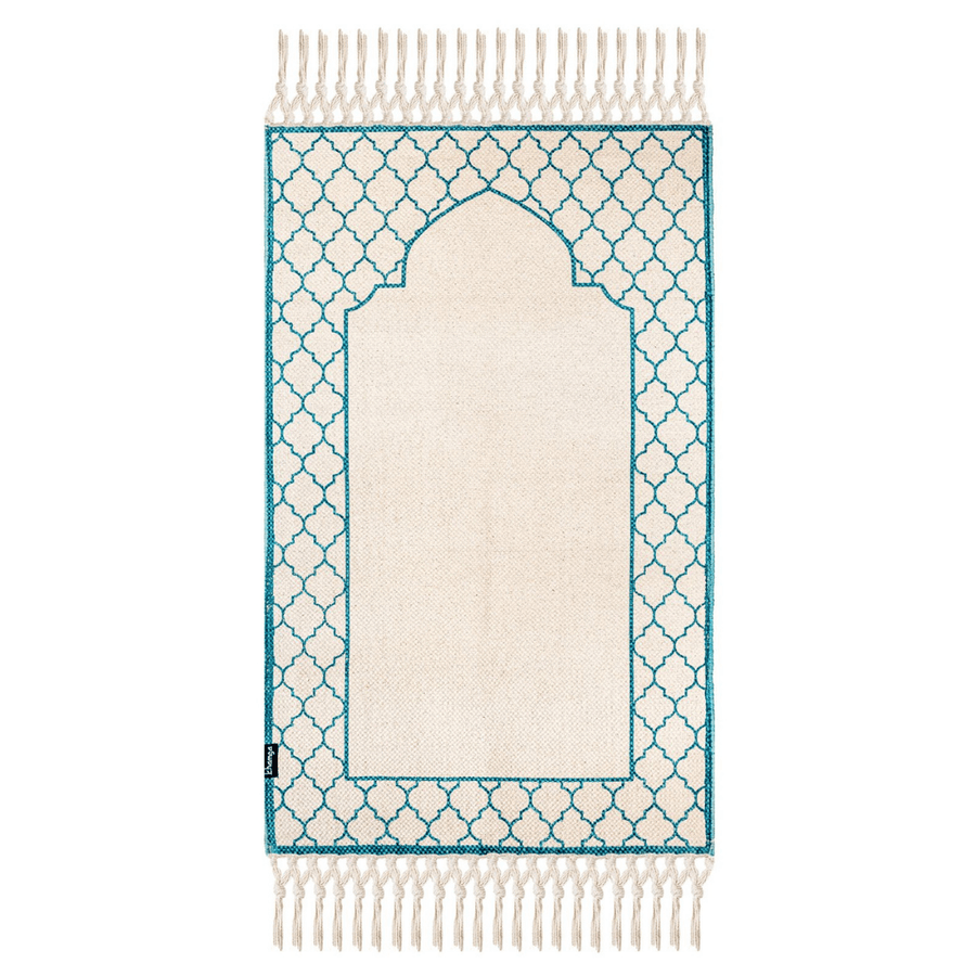 Khamsa Comfort | Muslim Prayer Rug Prayer Mat with Added Foam Padding for Pressure Relief and Motion Absorption Adult Size 65 cm x 110 cm Arabic Style Janamaz in 100% Soft Organic Cotton Fabric Handcrafted Arabic Design | Azraq - Blue