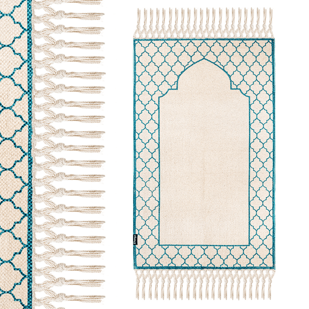 Khamsa Comfort | Muslim Prayer Rug Prayer Mat with Added Foam Padding for Pressure Relief and Motion Absorption Adult Size 65 cm x 110 cm Arabic Style Janamaz in 100% Soft Organic Cotton Fabric Handcrafted Arabic Design | Azraq - Blue