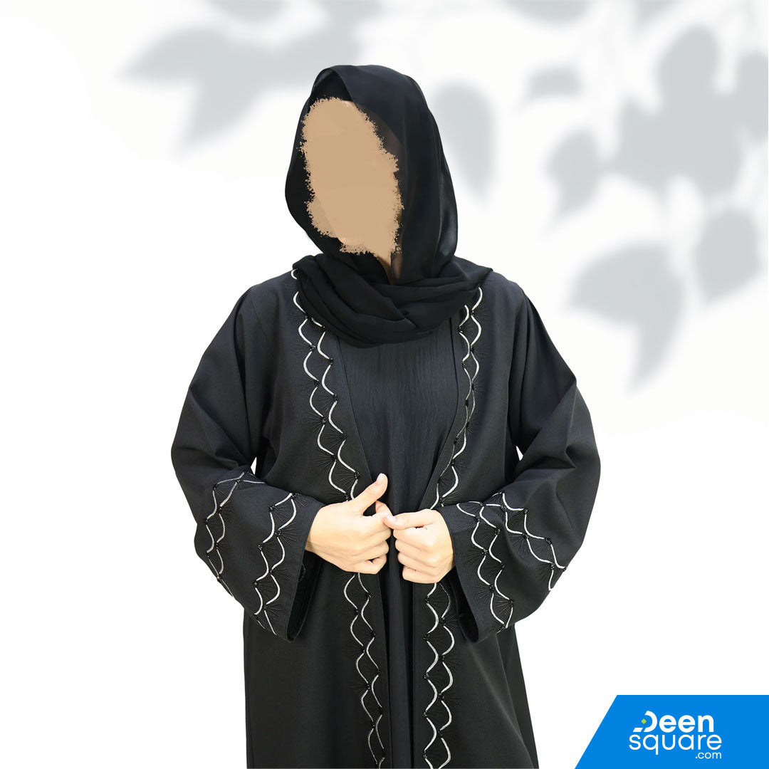 Elegant Embroidered Open Abaya With Beads Abaya - Black