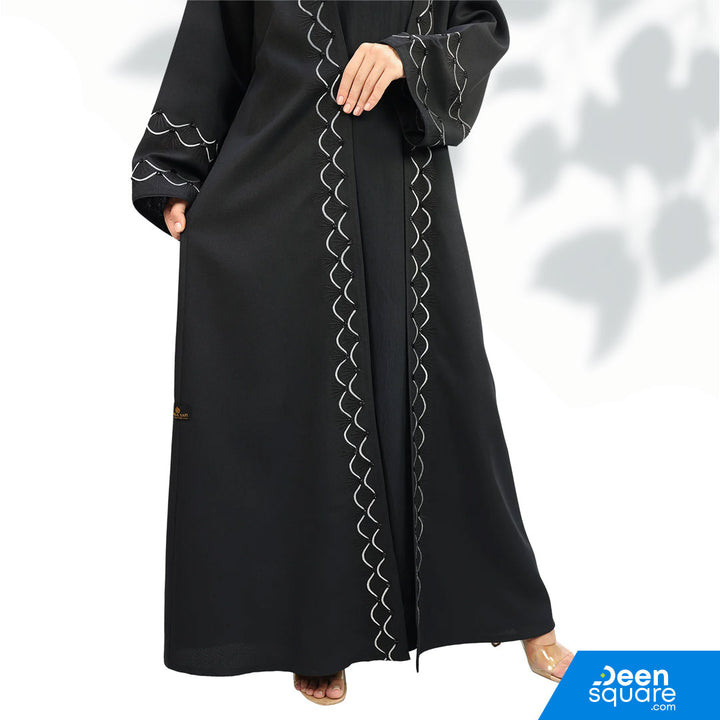 Elegant Embroidered Open Abaya With Beads Abaya - Black