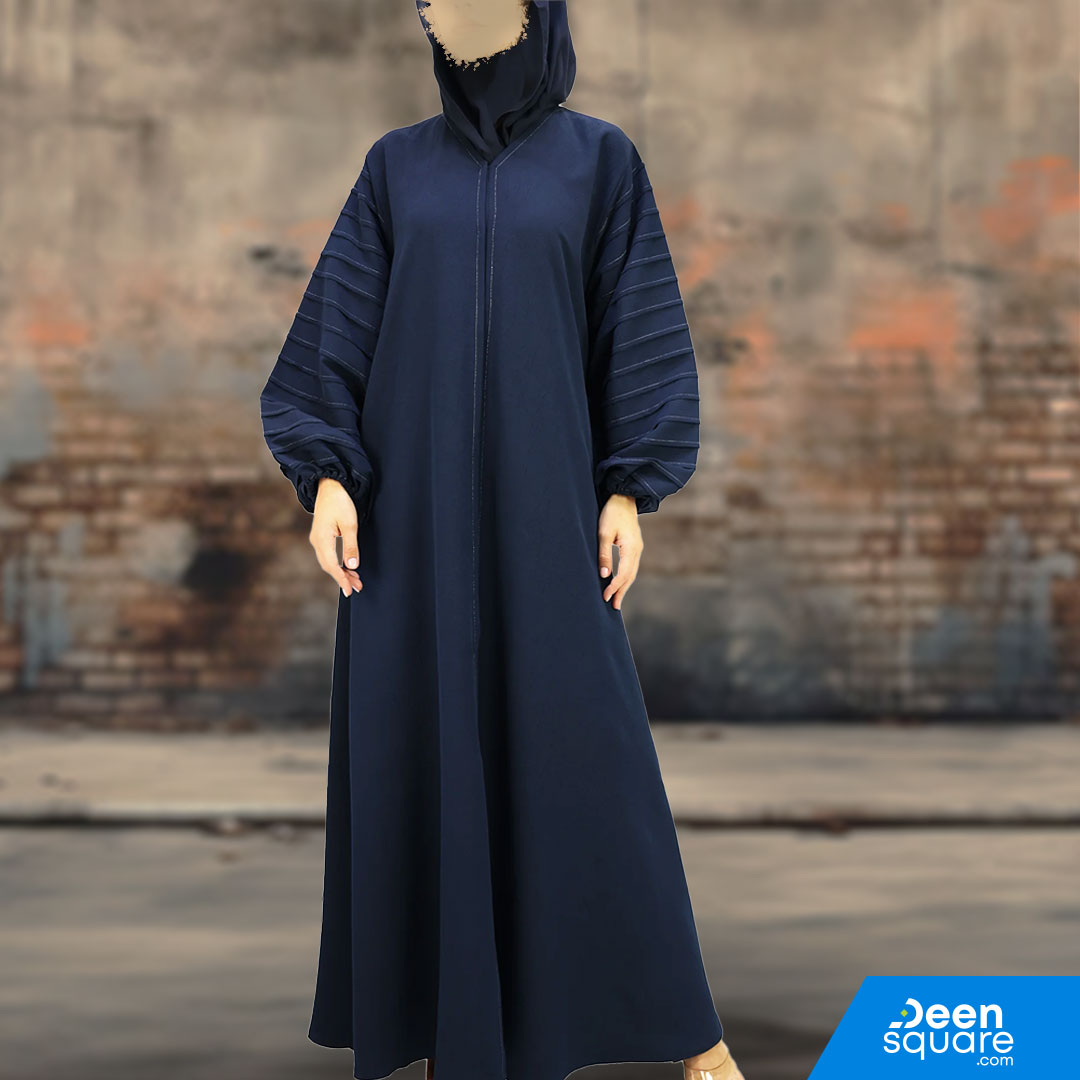 Classic Pleated Sleeve Abaya - Navy Blue