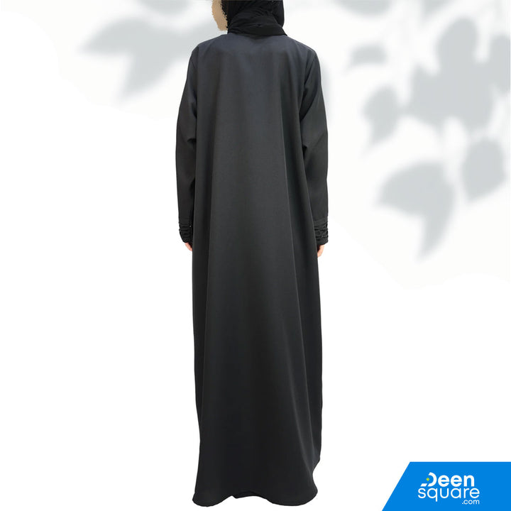 Elegant Coat Style With Beads Abaya - Black