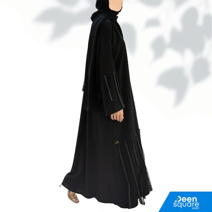 Premium Crepe With Fringes And Detailing Front Open Abaya - Black