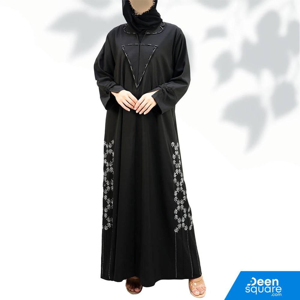 Elegant Coat Style With Beads Abaya (Floral Design) - Black