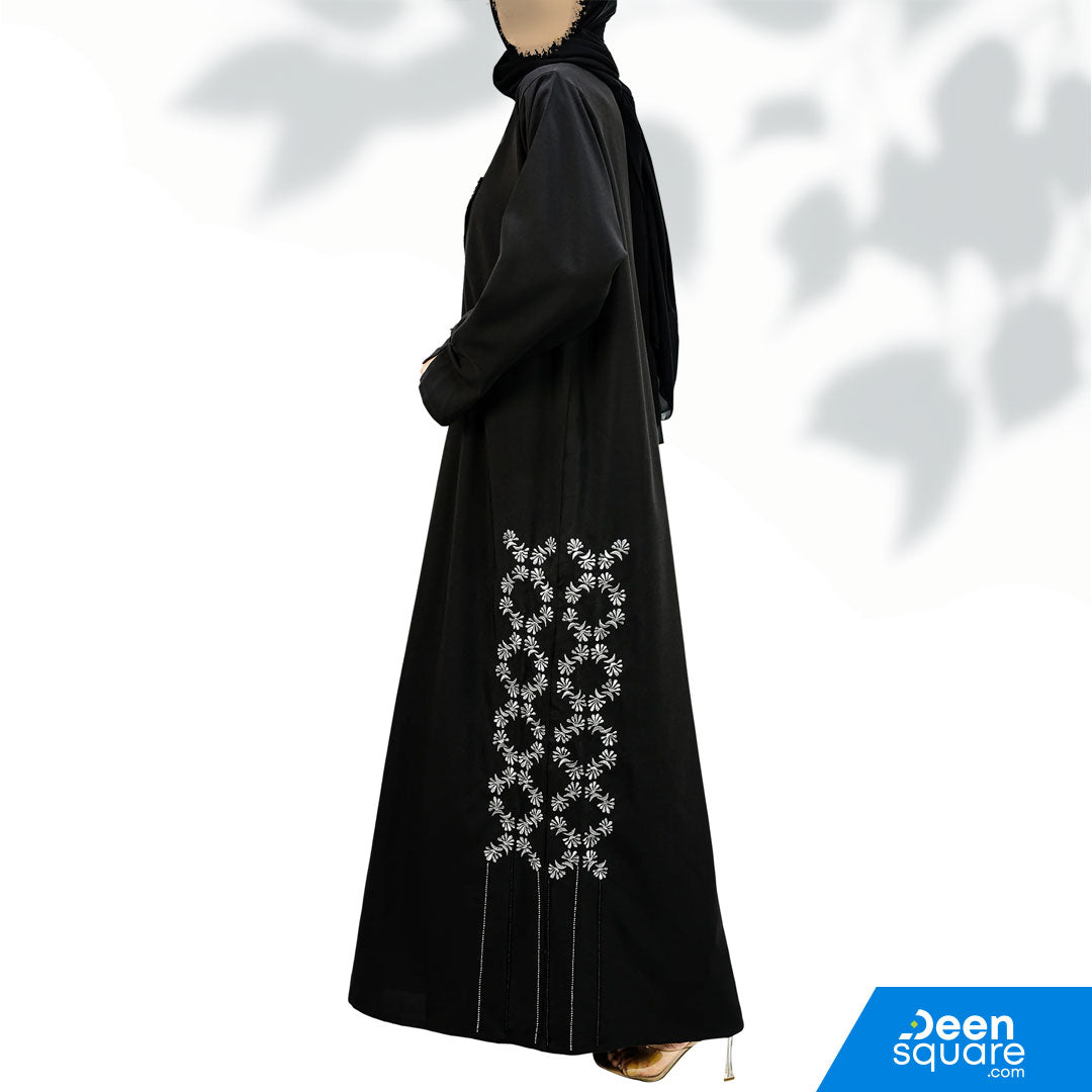 Elegant Coat Style With Beads Abaya (Floral Design) - Black