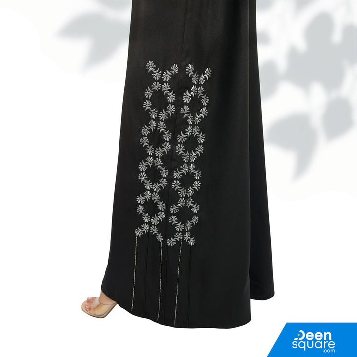 Elegant Coat Style With Beads Abaya (Floral Design) - Black
