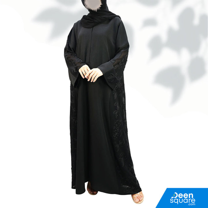 Elegant Georgette Embroidered With Beads Abaya - Black