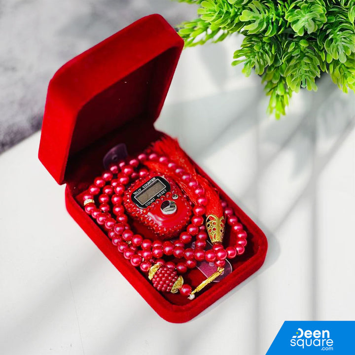 Tasbeeh Counter Gift Set | 99 Beads Pearl Glass Tasbih with Digital Finger Tally & Velvet Box – Name Customizable