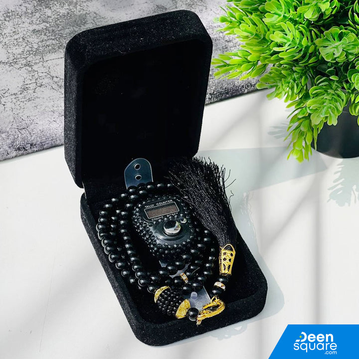 Tasbeeh Counter Gift Set | 99 Beads Pearl Glass Tasbih with Digital Finger Tally & Velvet Box – Name Customizable