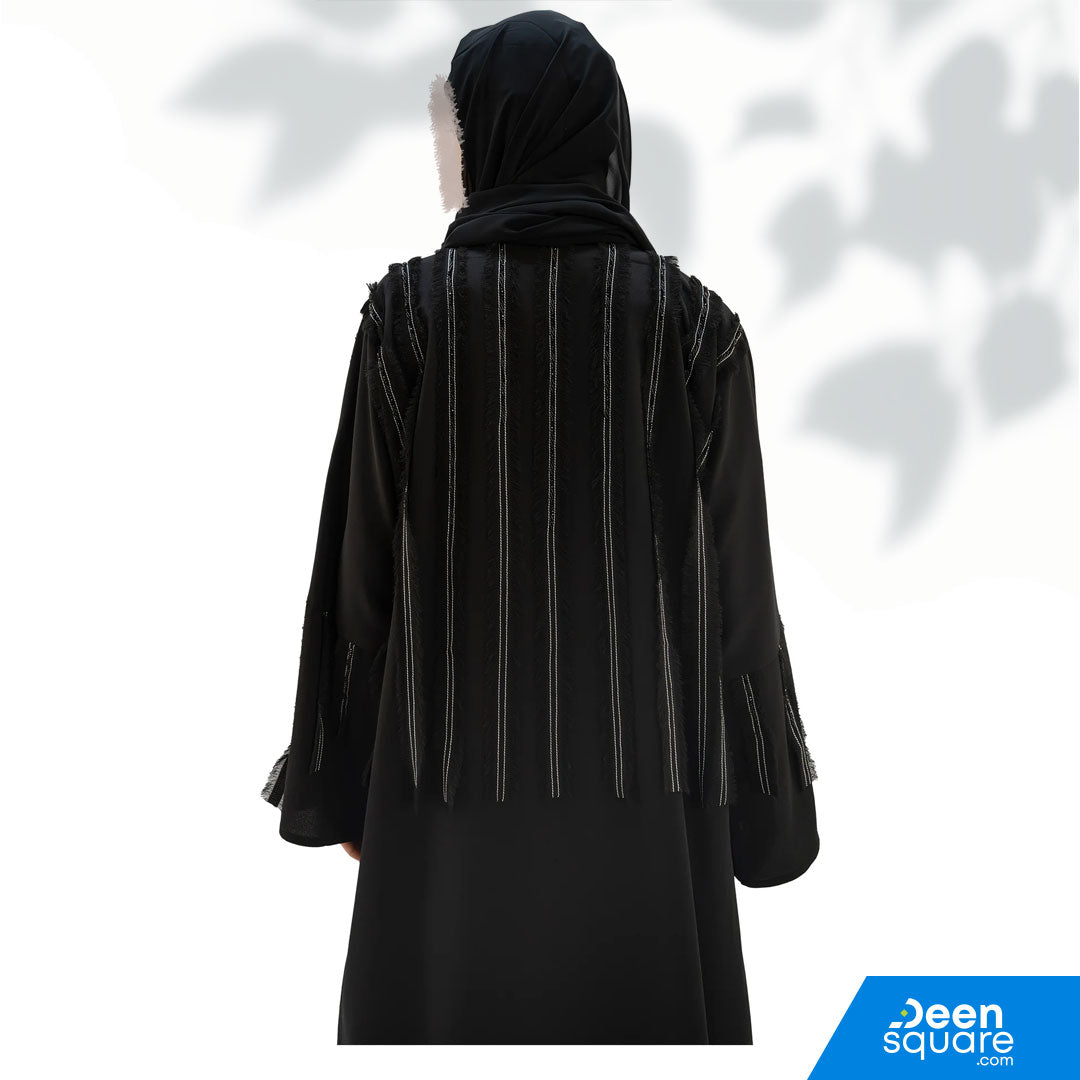Premium Crepe With Fringes And Detailing Front Open Abaya - Black