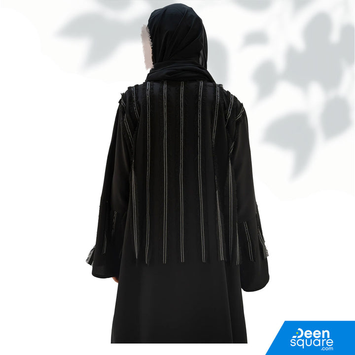 Premium Crepe With Fringes And Detailing Front Open Abaya - Black